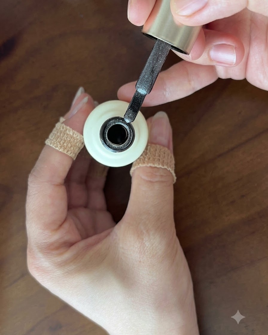 Ein Pinsel hält eine kleine Menge schimmerndes silber-graues Cat-Eye-Gel über einer geöffneten Flasche.