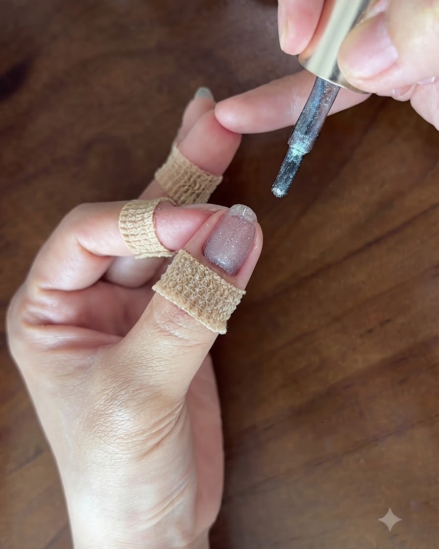 Ein Magnetwerkzeug ist nah über einem glitzernden, feuchten Gelnagel positioniert, um ein schimmerndes Cat-Eye-Muster zu erzeugen.