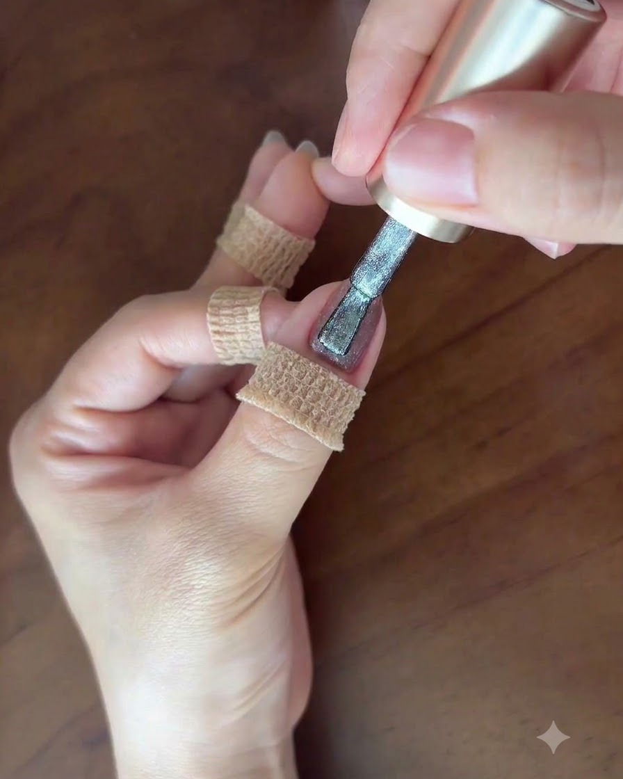 Ein Pinsel trägt sorgfältig eine zweite dünne Schicht silber-graues Cat-Eye-Gel auf den Fingernagel auf.