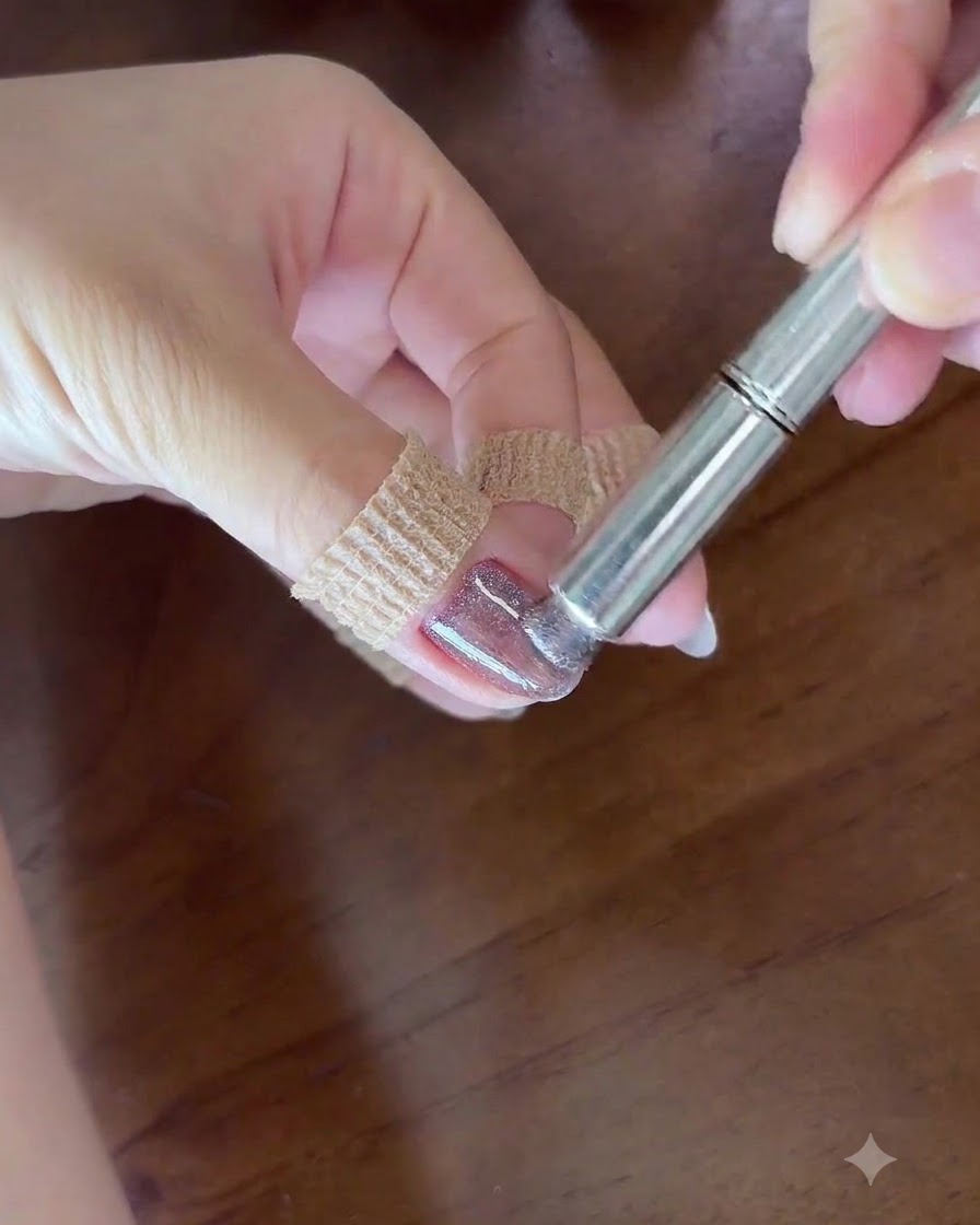 Nahaufnahme einer Hand, die einen zylindrischen Magneten direkt über einen mit feuchtem lila Cat-Eye-Gel bemalten Nagel hält, um einen Schimmerblitz zu erzeugen.