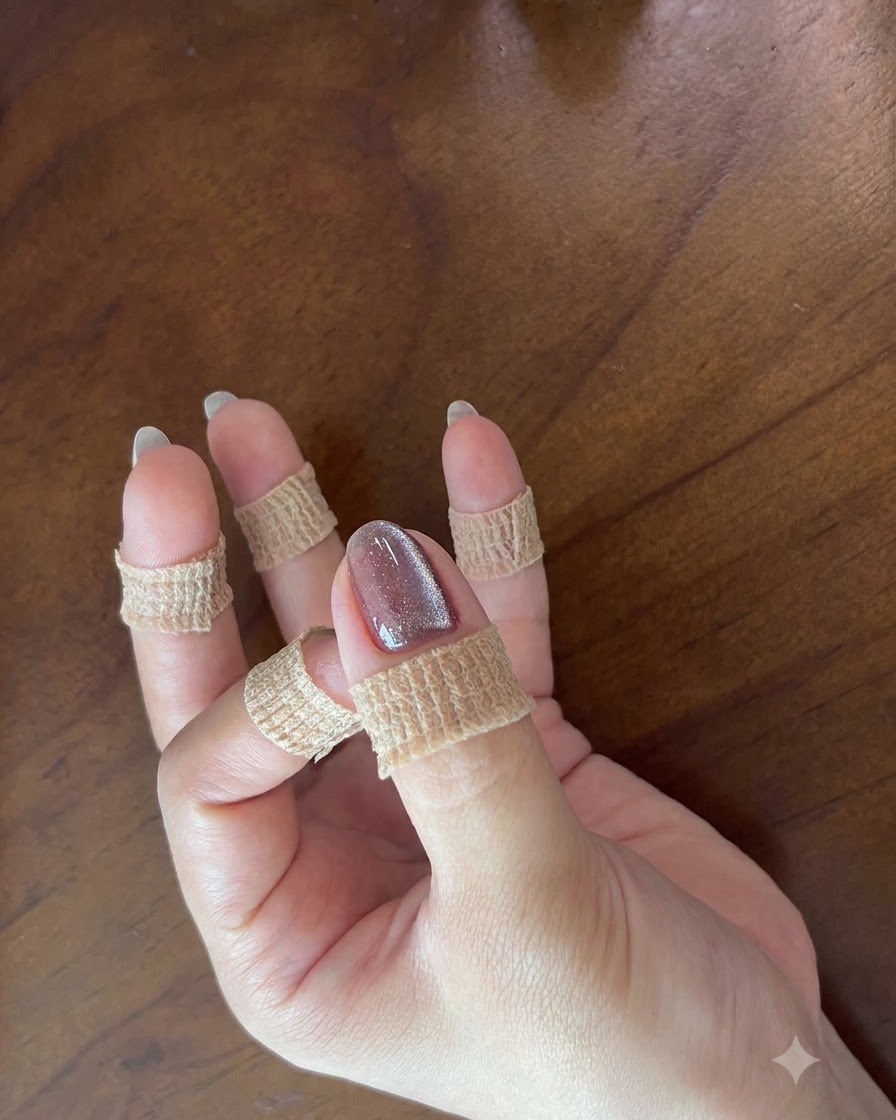 Nahaufnahme einer ruhenden Hand, die einen fertigen, glänzenden lila Cat-Eye-Gelnagel zeigt.