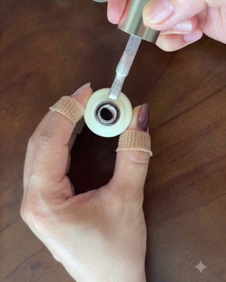 Ein Nagellackpinsel hält muschelrosa Cat-Eye-Gel über einen Fingernagel.