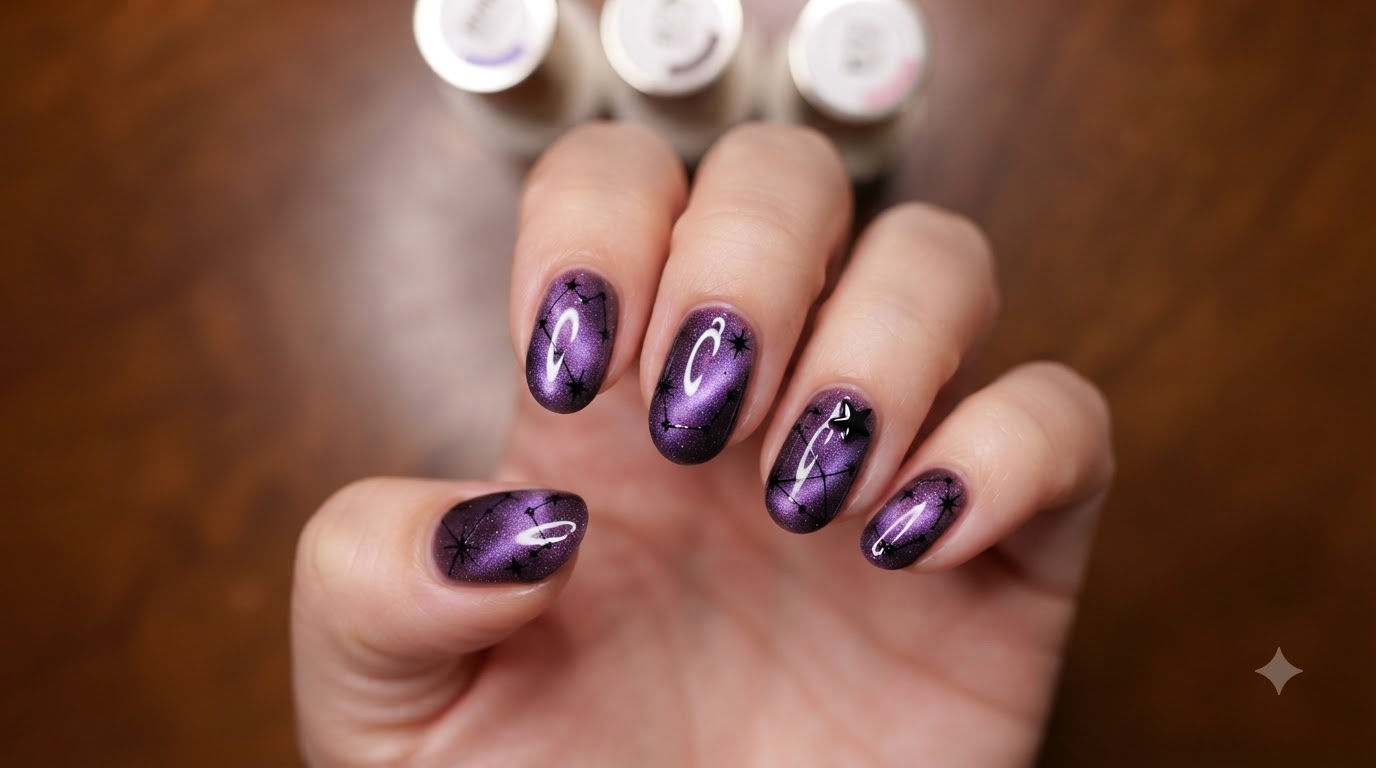 Lila Sternenlicht Stern und Mond Cat Eye Gel Nagelkunst — Schritt-für-Schritt-Anleitung