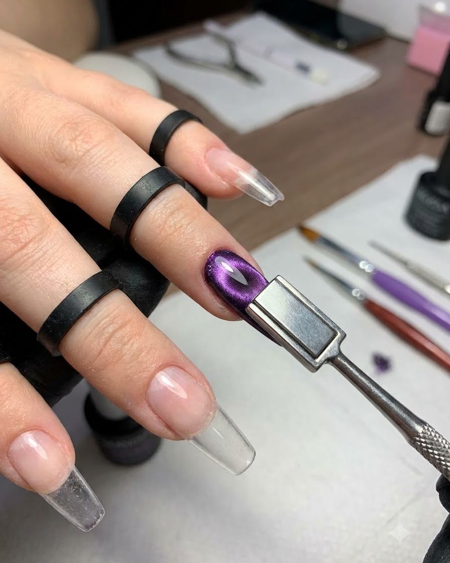 Ein Metallwerkzeug mit einem Magneten wird nah über einen violetten Cat-Eye-Gel-Nagel gehalten, um eine schimmernde Streifenreflexion zu erzeugen.
