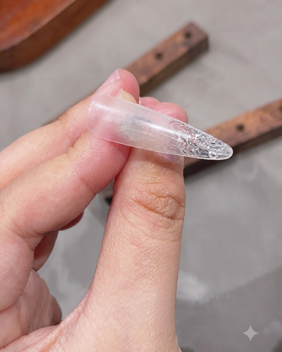 Nahaufnahme einer Hand, die eine saubere, texturierte Klarsicht-Nagelspitze mit fertigem Eiseffekt hält.