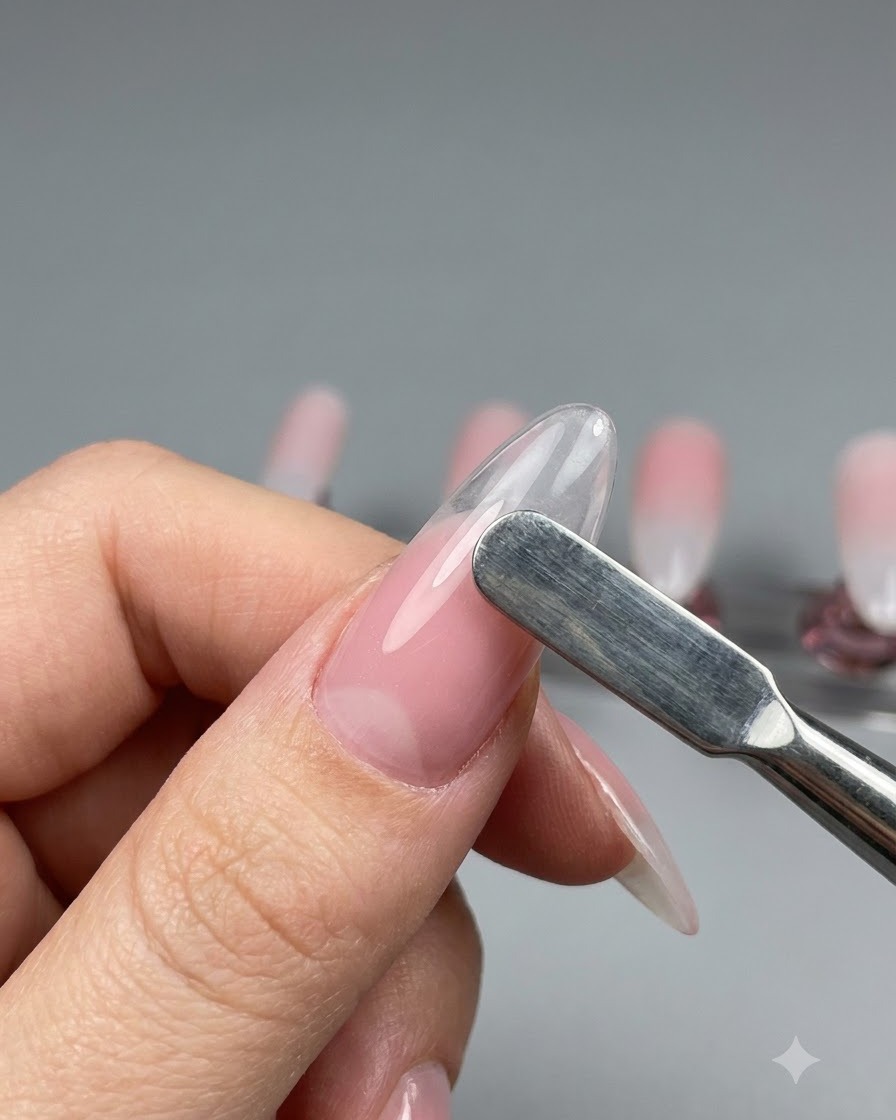 Ein Metallwerkzeug glättet einen rosa Nude-Gel-Verlauf auf der Oberfläche einer mandelförmigen Nagelspitze.