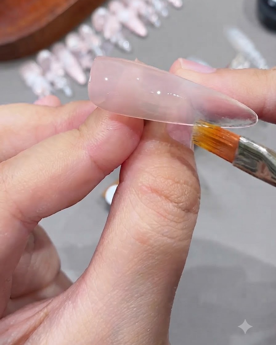 Nahaufnahme einer Hand, die einen Nail-Art-Pinsel verwendet, um rosafarbenes Gel-Polish auf einer klaren Nagelspitze zu verblenden.
