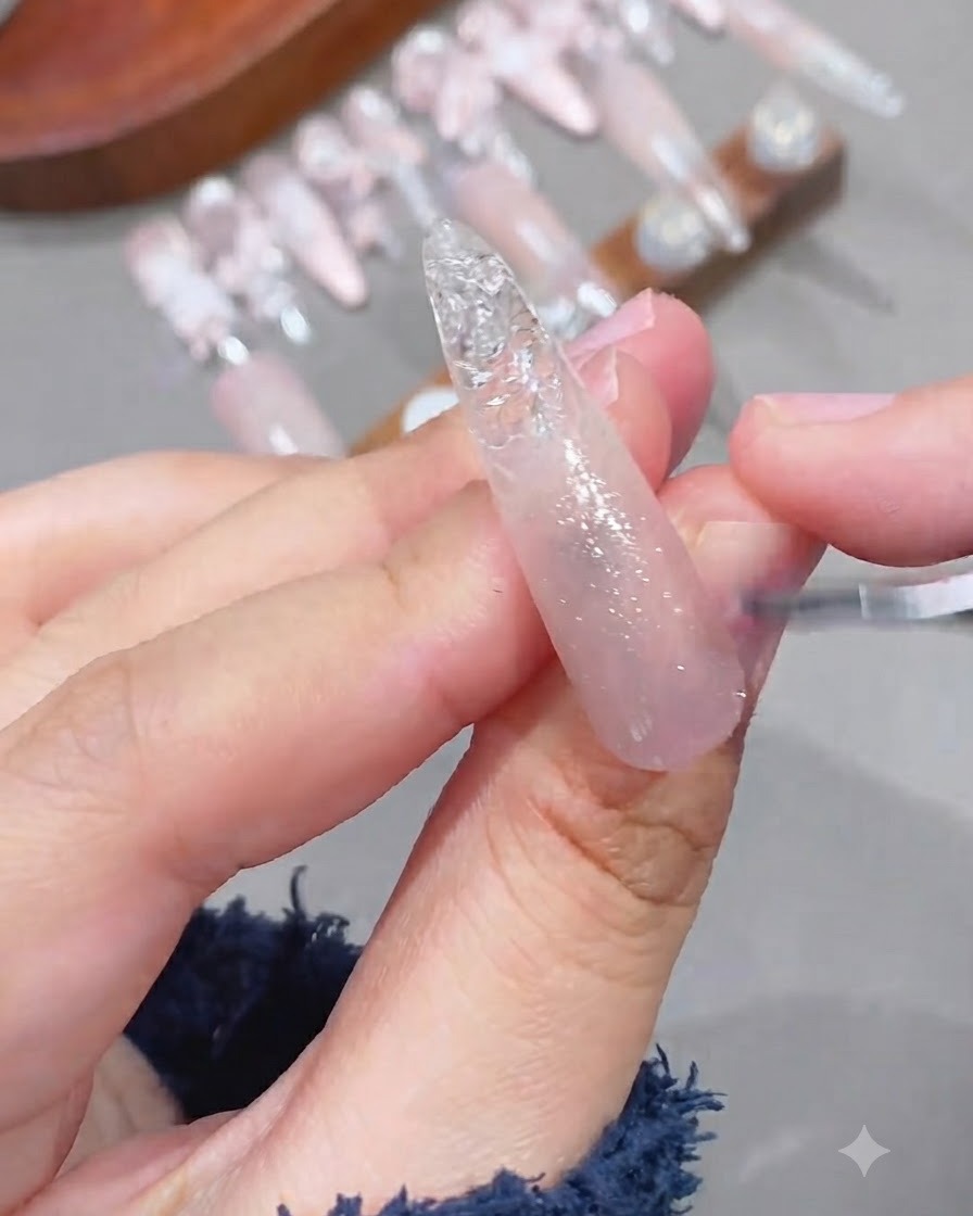 Nahaufnahme eines Pinsels, der schimmerndes Cat-Eye-Gel über eine rosa Farbverlaufsbasis aufträgt.