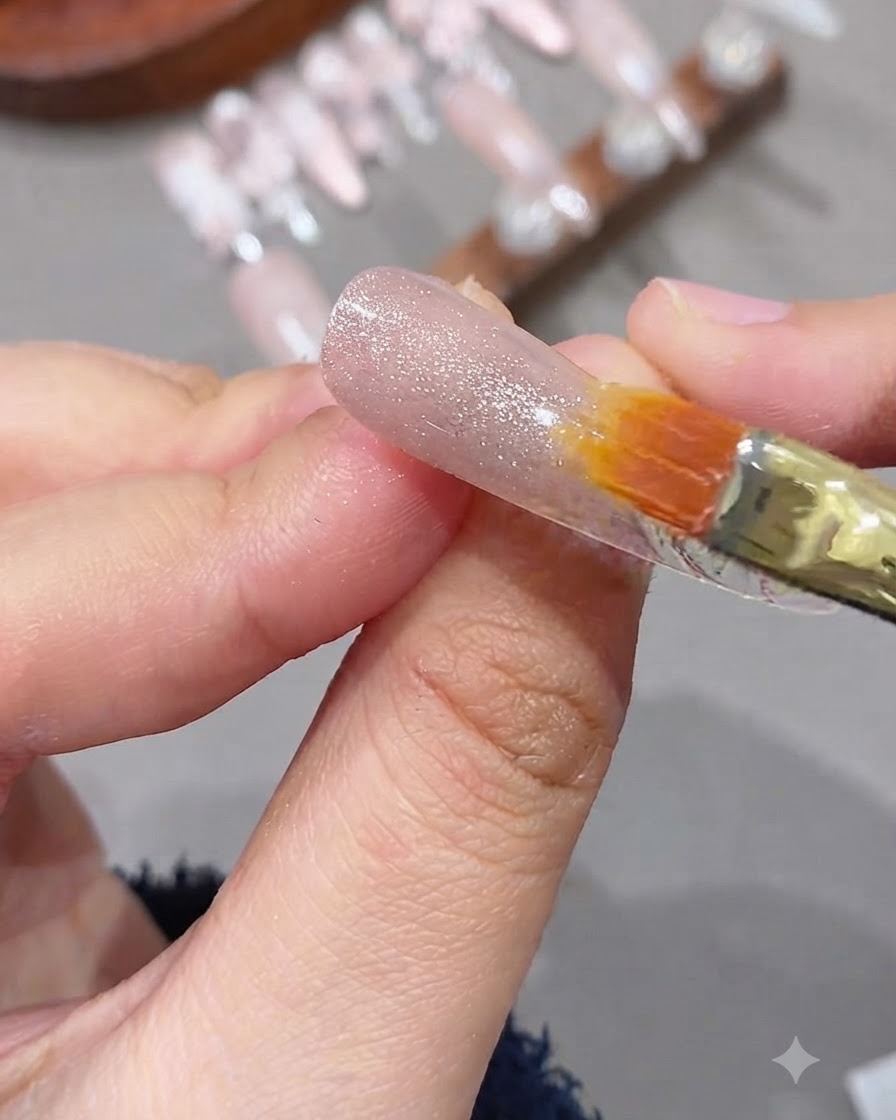 Ein kleiner Nagelmagnet schwebt dicht über einem mit Cat-Eye-Gel bemalteten Fingernagel, um die schimmernde Lichtlinie zu konzentrieren.