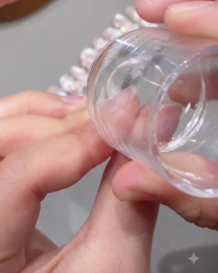 Ein transparenter Silikonstamper drückt sich auf eine verlängerte Nagelspitze, um ein weißes Spitzendesign zu übertragen.