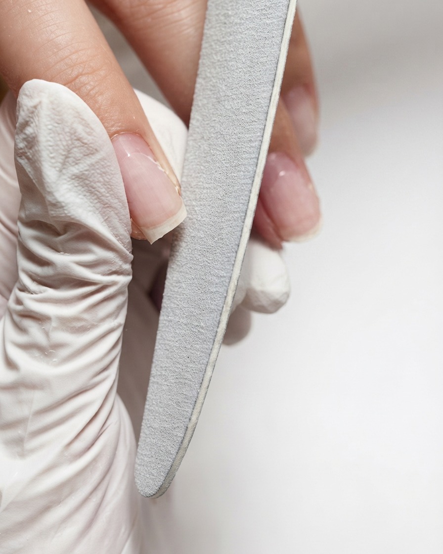 Eine Hand hält eine graue Nagelfeile und formt sowie verfeinert die freie Kante eines Naturnagels.