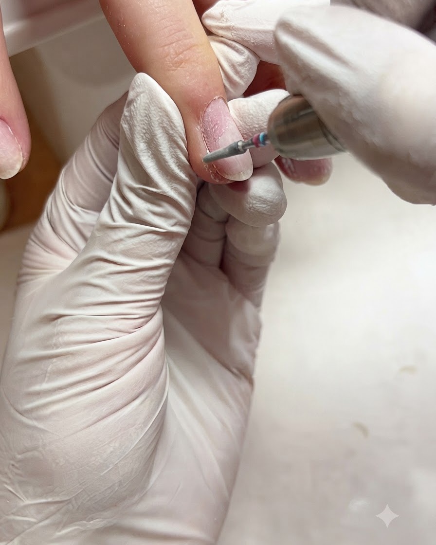 Ein Keramik-Flammenbit an einer elektrischen Feile reinigt den Nagelhautbereich eines Fingernagels.