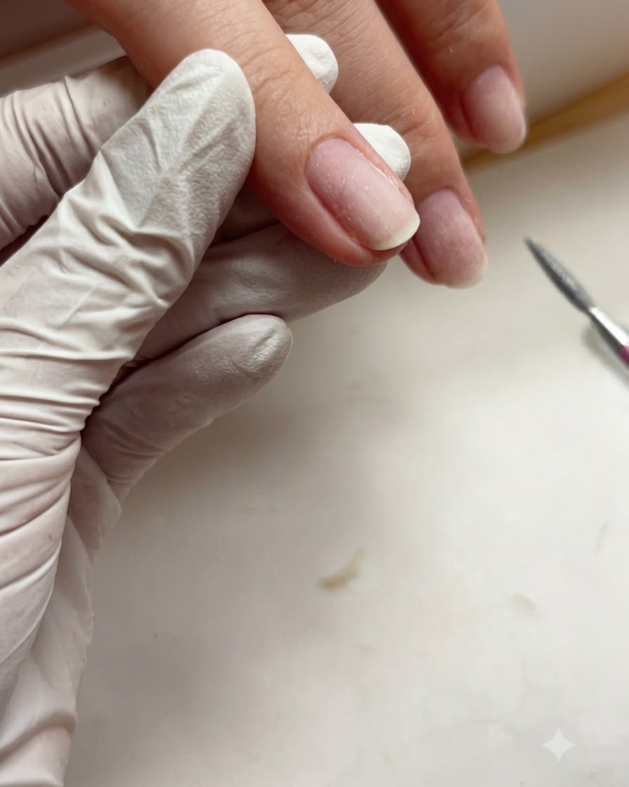 Nahaufnahme eines Fingernagels, die die linke Seitenwand nach der Behandlung zeigt.