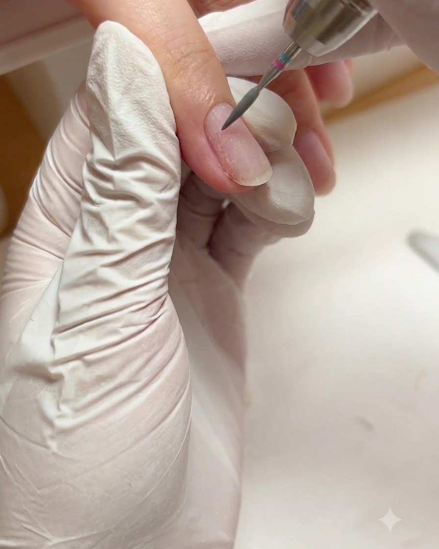 Eine elektrische Feile mit R-Bit führt eine Nassbehandlung entlang der rechten Seitenwand eines Fingernagels durch.