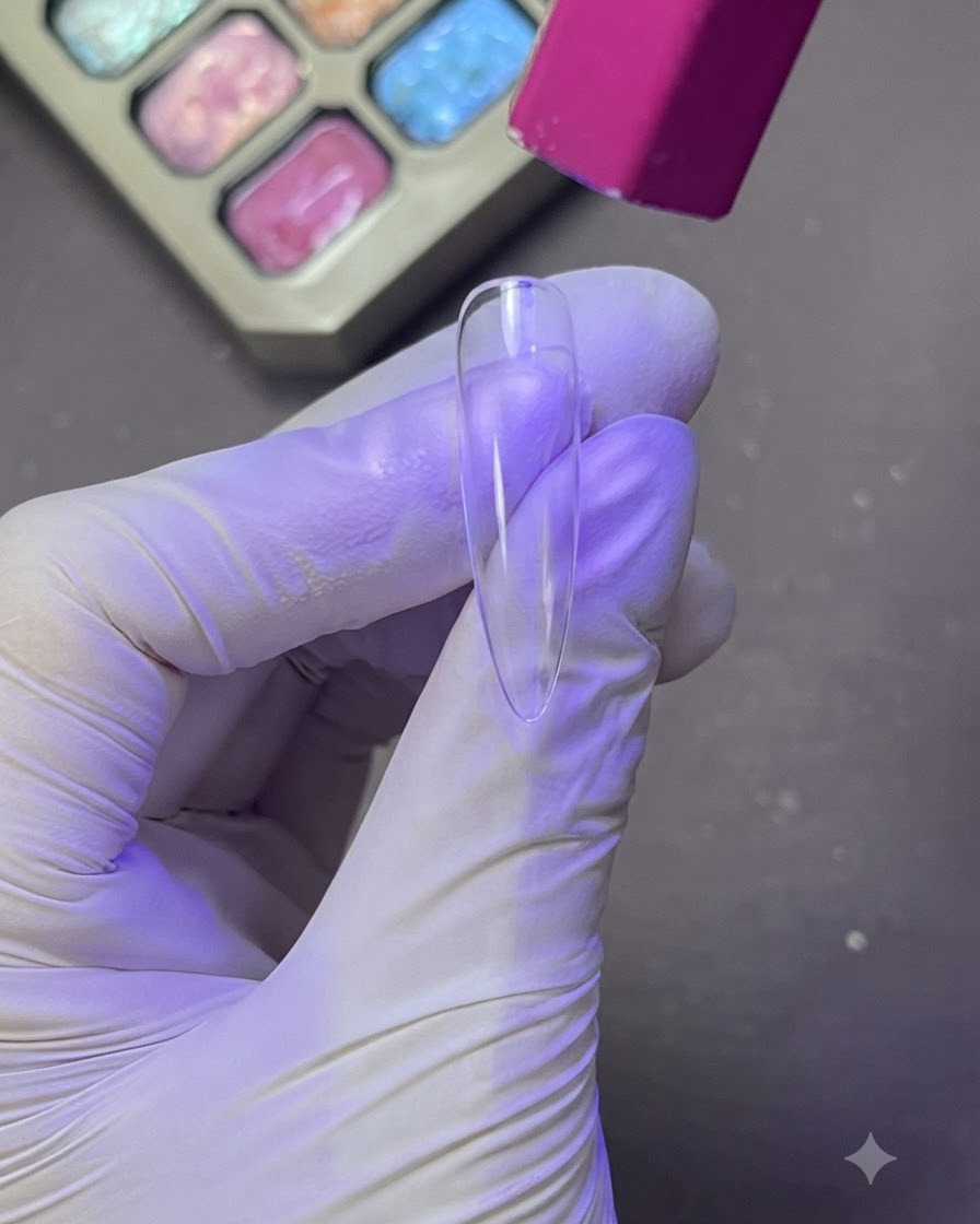 Ein transparenter Nagel-Tip wird unter einer violett schimmernden UV- oder LED-Lampe in einer handschuhbekleideten Hand ausgehärtet.