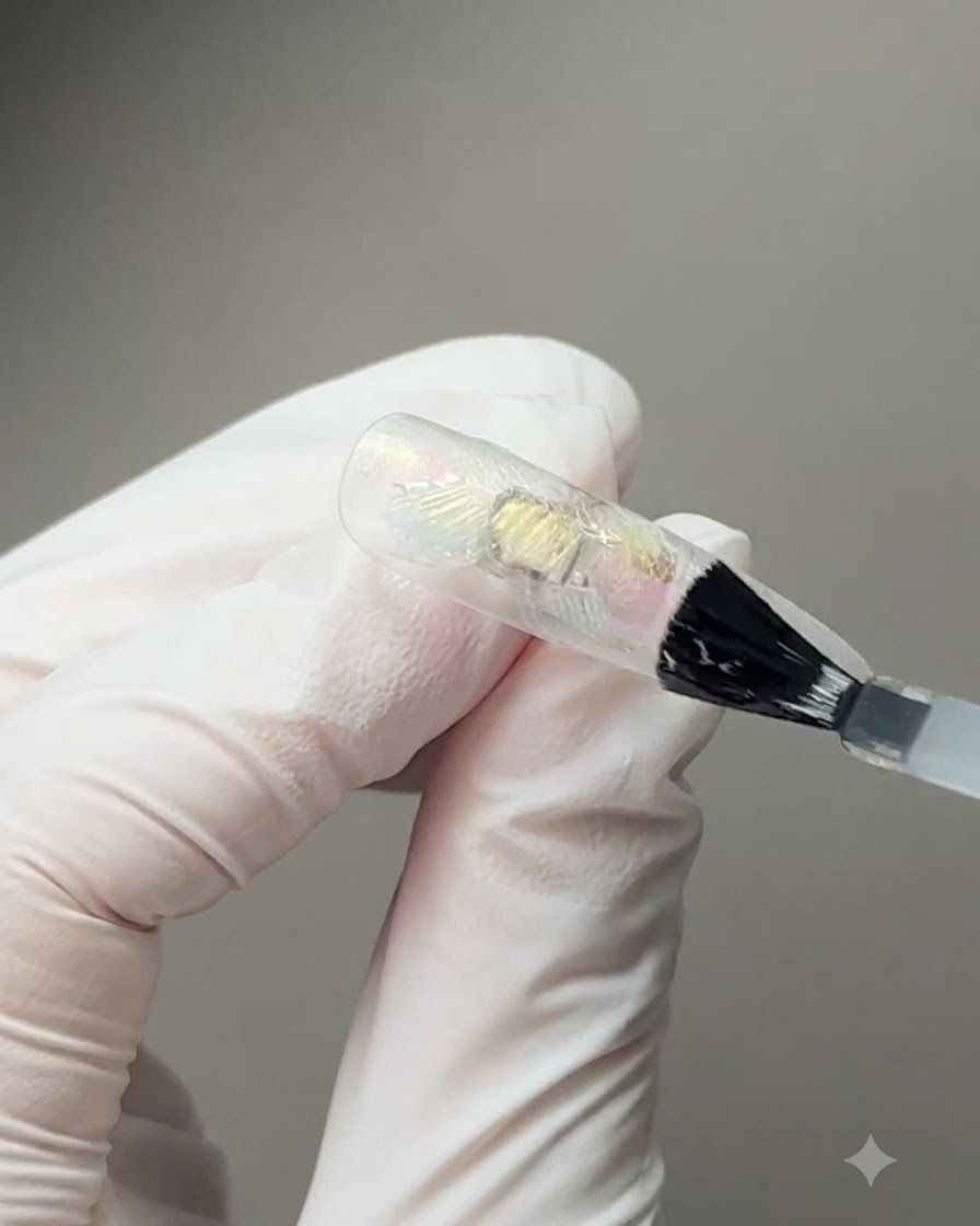 Ein Pinsel trägt Base-Gel auf einen klaren Nagel-Tip auf, in den mehrere irisierende Muschelfragmente eingebettet sind.
