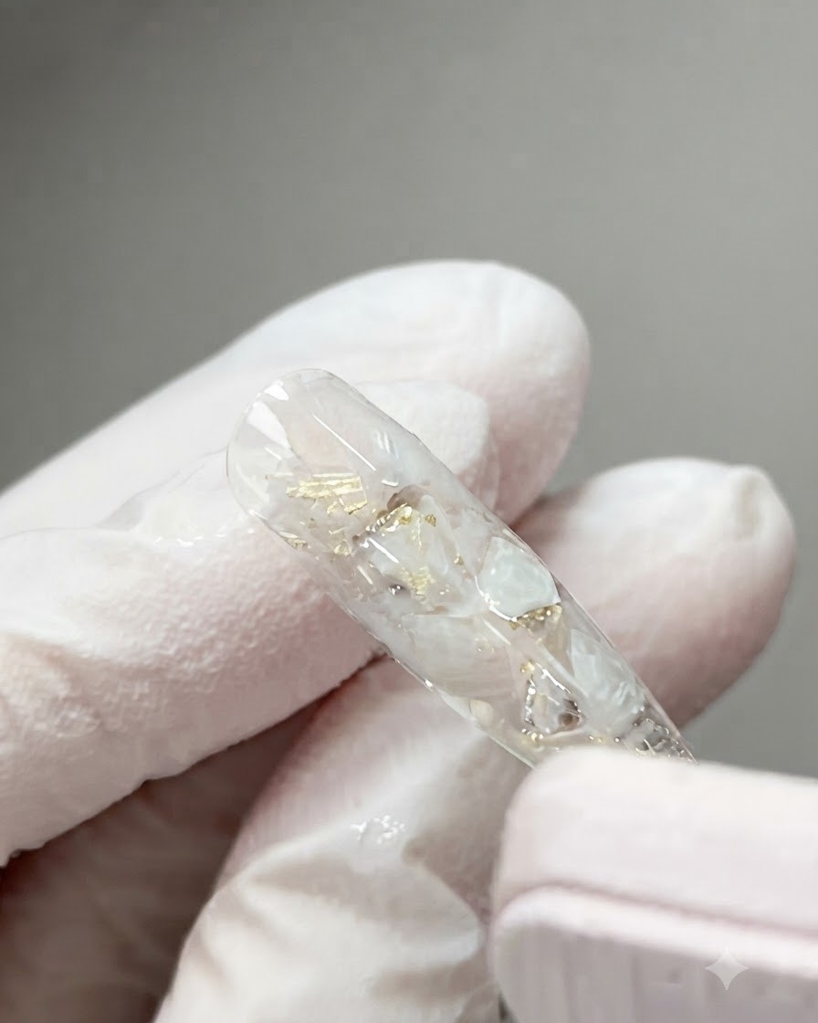 Nahaufnahme eines fertigen, transparenten Nagel-Tips, der nach dem Aushärten mit Muschelstücken und Goldfolie besetzt ist.
