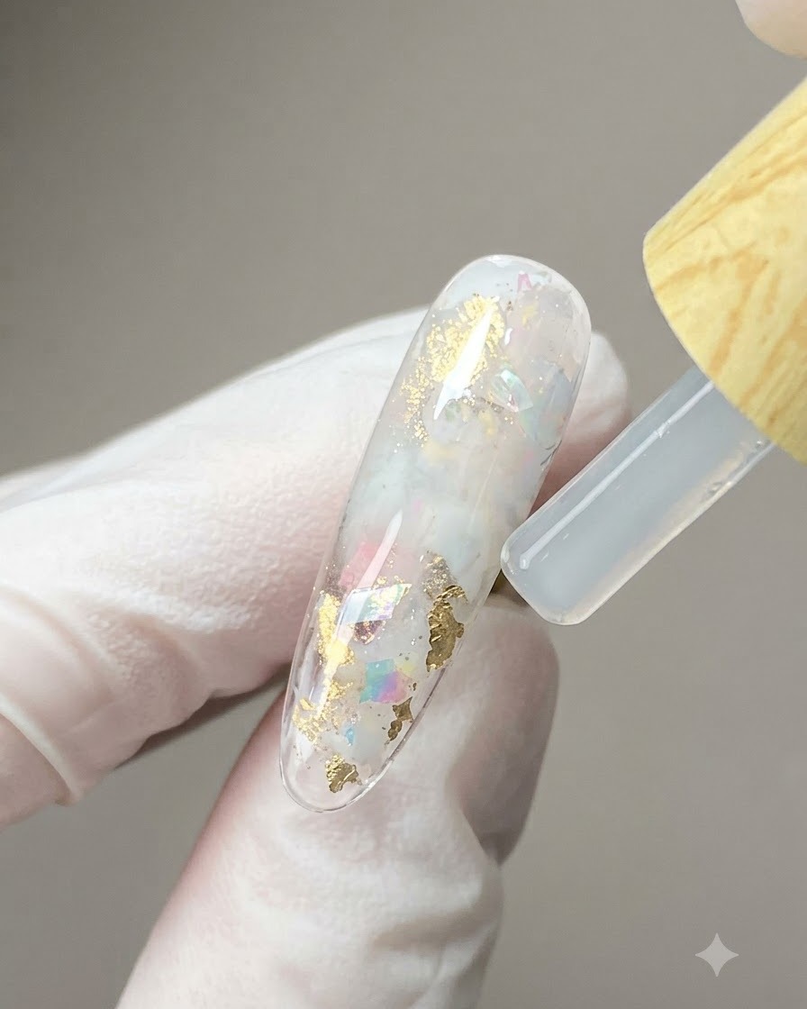 Ein Pinsel trägt einen klaren Top Coat auf ein strukturiertes Nageldesign auf, das mit Muschelflocken und milchweißen Effekten gefüllt ist.