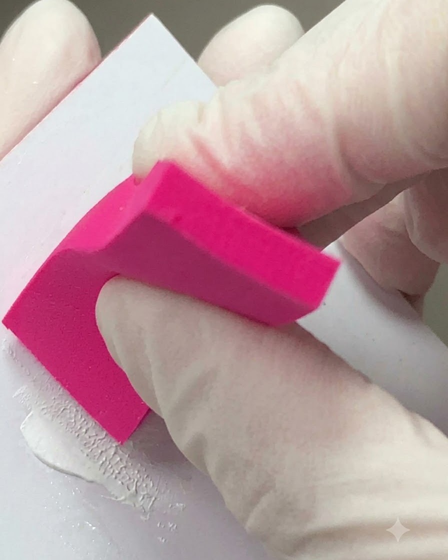 Eine handschuhbekleidete Hand verwendet ein hellrosa Schwammpad, um während der Nagelvorbereitung eine Oberfläche abzuwischen.