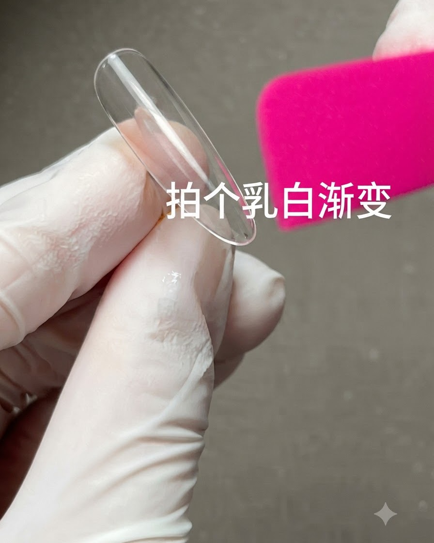 Ein transparenter Nagel-Ausstellungs-Tip wird von einer handschuhbekleideten Hand neben einem rosa Schwamm gehalten, wobei chinesischer Text im Bild zu sehen ist.