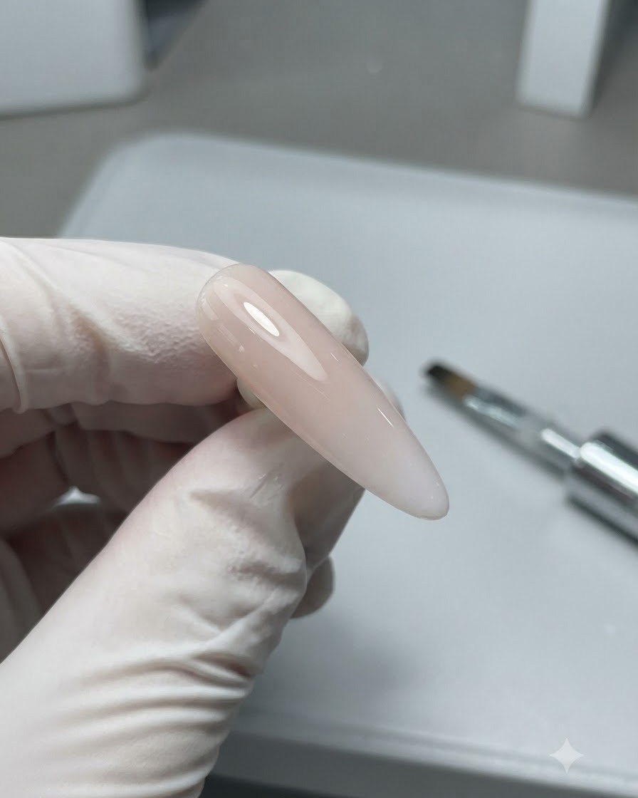 Nahaufnahme eines fertigen, glänzenden, neutralfarbenen Mandel-Nagel-Tips vor einem sauberen Tischhintergrund.