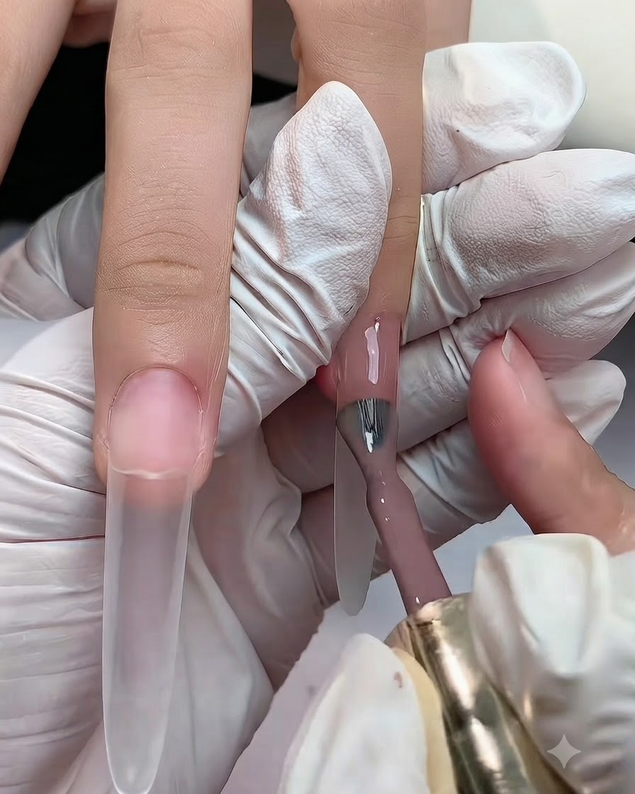 Ein Fläschchen-Nagelpinsel trägt ein helles Nude-Gel auf den oberen Teil eines langen Verlängerungsnagels in der Nähe der Nagelhaut auf.