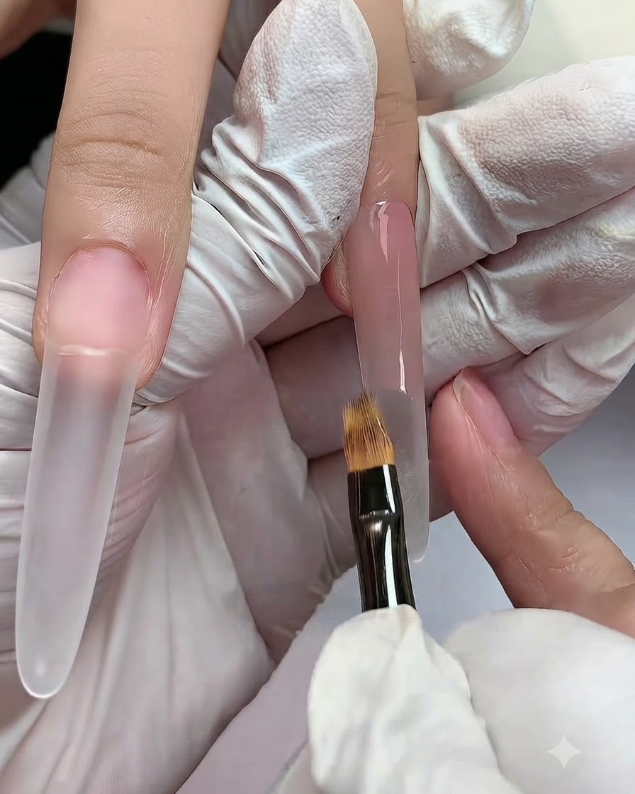 Ein flacher Gradient-Pinsel verblendet die untere Kante des feuchten Nude-Gels auf einem langen Verlängerungsnagel.