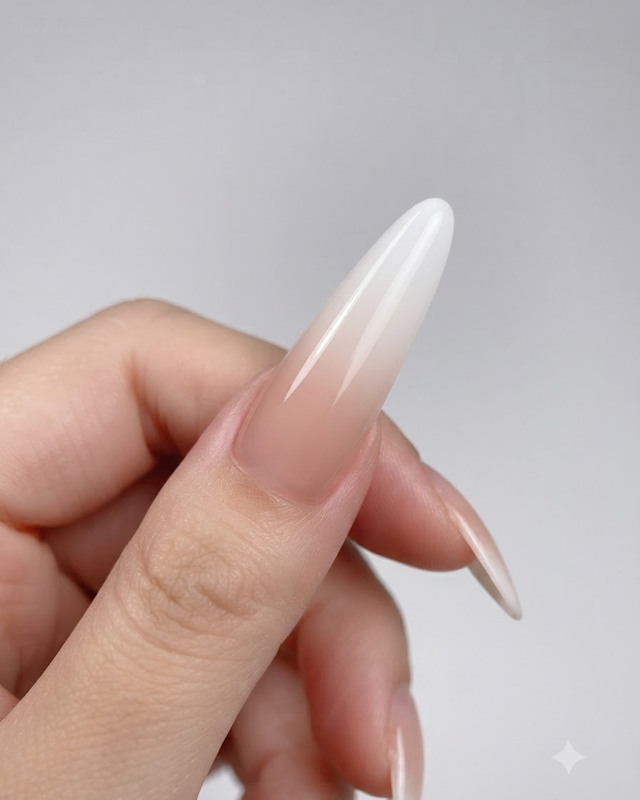 Eine Nahaufnahme hält einen langen Verlängerungsnagel und zeigt ein ausgehärtetes, glattes Nude-zu-Weiß-Farbverlaufs-Finish.