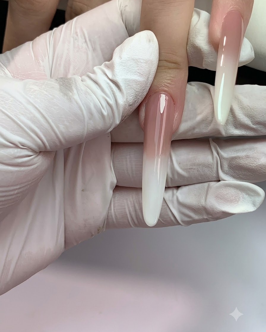 Eine Nahaufnahme eines langen Nagels erhält eine zweite Anwendung von Nude-Gel in der Nähe der Nagelhaut.