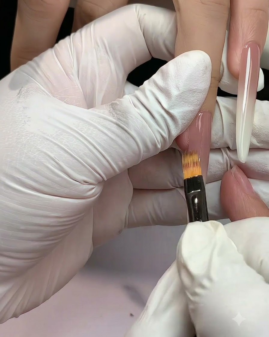 Ein flacher Gradient-Pinsel verblendet das Nude-Gel auf einem verlängerten Nagel nach unten.