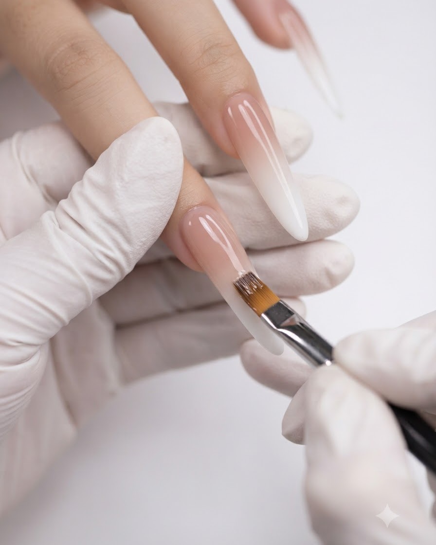 Ein Pinsel trägt einen klaren glänzenden Topcoat von der Nagelhaut bis zur Spitze auf einen fertigen Gradient-Nagel auf.