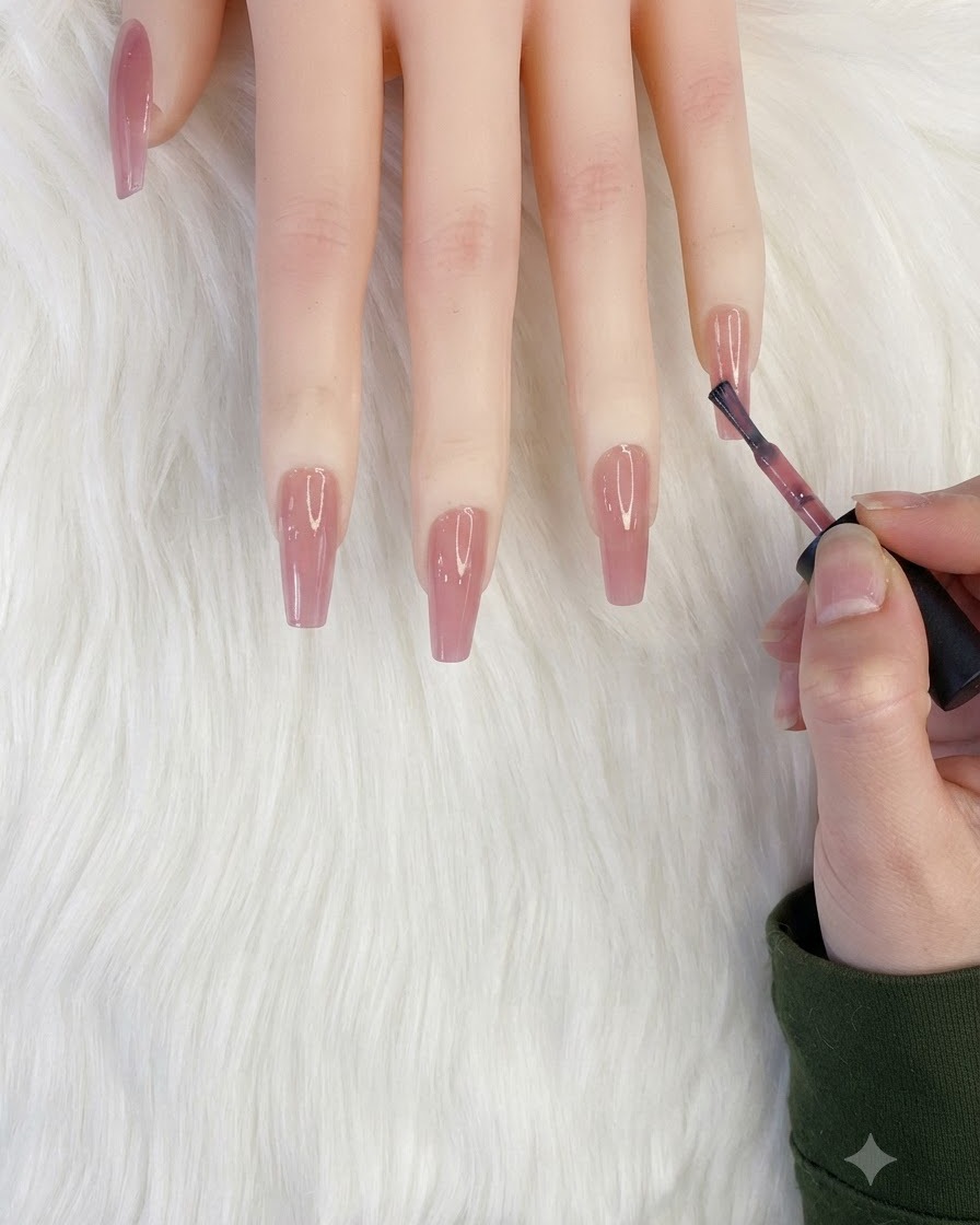 Ein Nagelpinsel trägt einen Klecks milchigen Nagellacks auf die Spitze eines rosa-nackten Nagels auf.