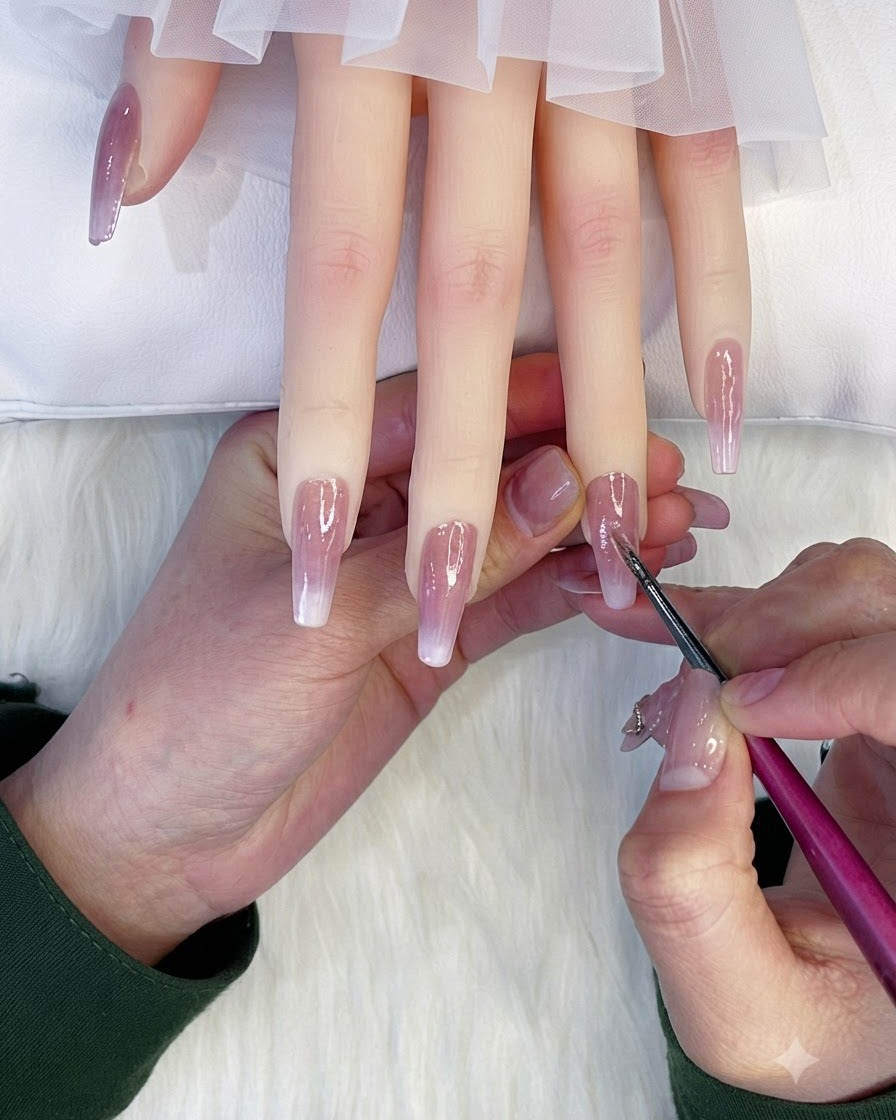 Ein feiner Pinsel trägt klares Klebegel auf die Oberfläche des Ringfingernagels auf.