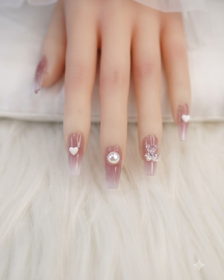 Eine Nahaufnahme eines Mittelfingernagels zeigt einen klaren Tropfen Klebegel im Nagelhautbereich.