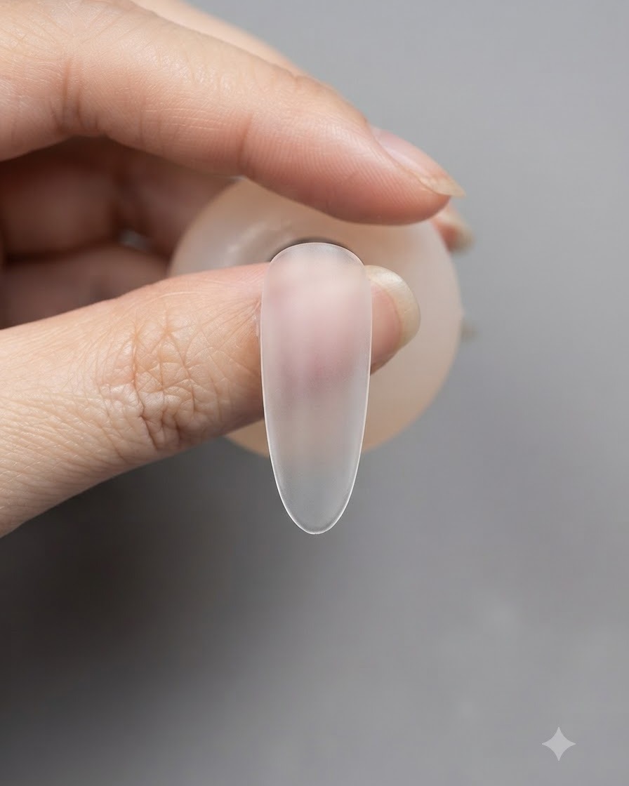 Eine Nahaufnahme einer klaren Nagelverlängerung mit einem kleinen Klecks klarem Builder Gel in der Mitte.