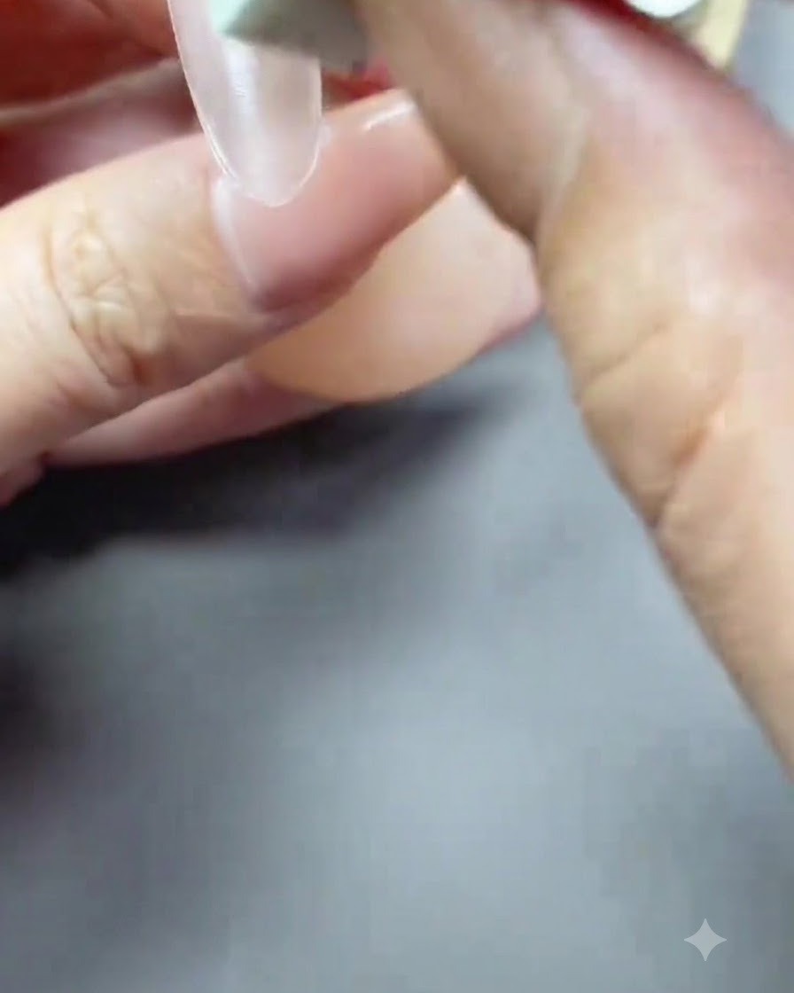 Ein Pinsel trägt eine dünne Schicht transparenten Nude-Pink-Gelack über eine Nagelverlängerung auf.