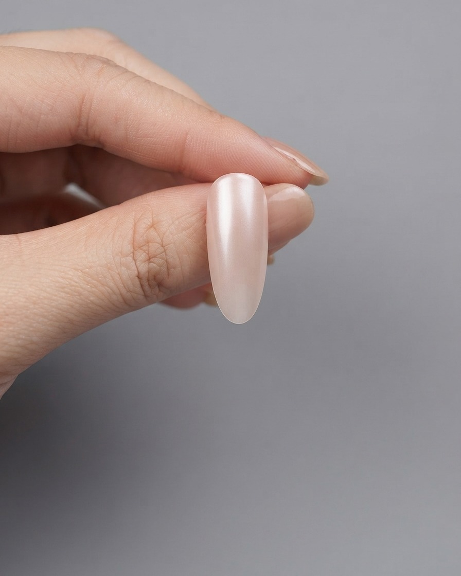 Eine Nagelverlängerung, die mit feuchtem magnetischem Cat-Eye-Gelack beschichtet ist und einen perlmuttartigen Schimmer zeigt.