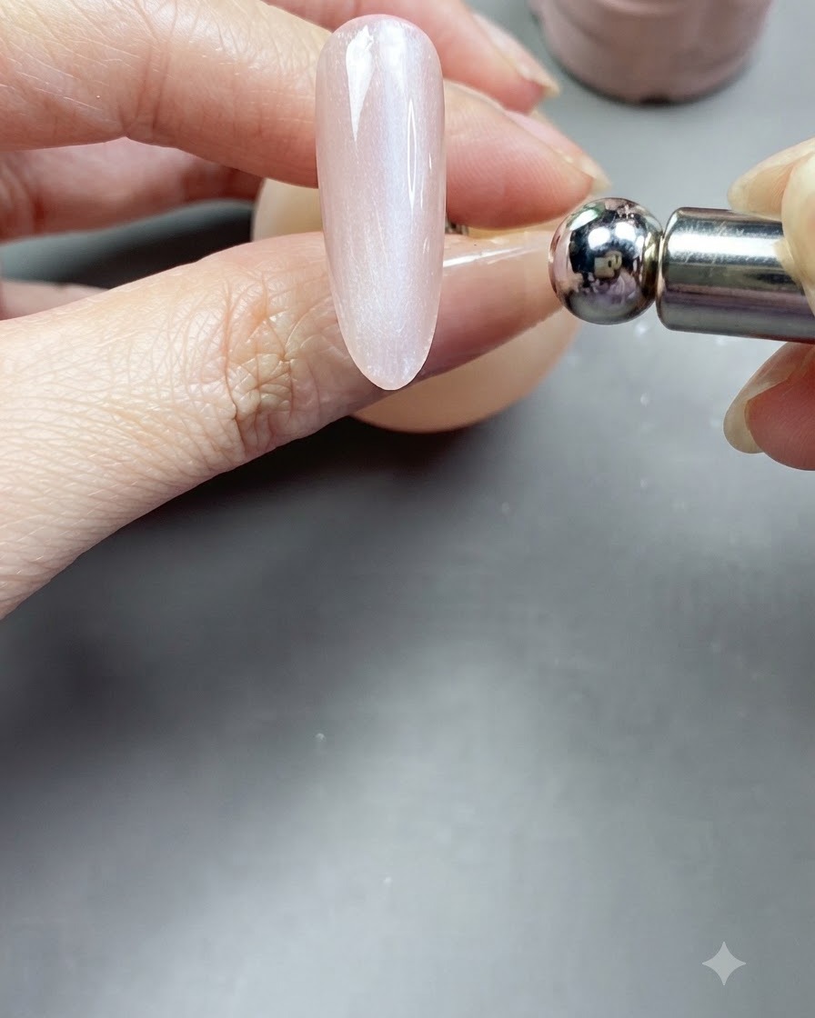 Ein Metallkugel-Magnetwerkzeug wird in die Nähe eines mit Cat-Eye-Gel beschichteten Nagels gehalten, um das magnetische Highlight zu formen.