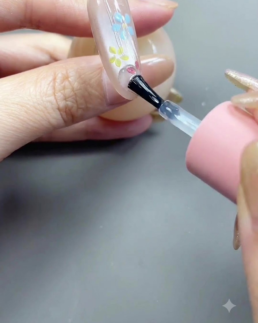Ein Pinsel trägt einen klaren, glänzenden Top Coat über die verzierte Nageloberfläche auf.
