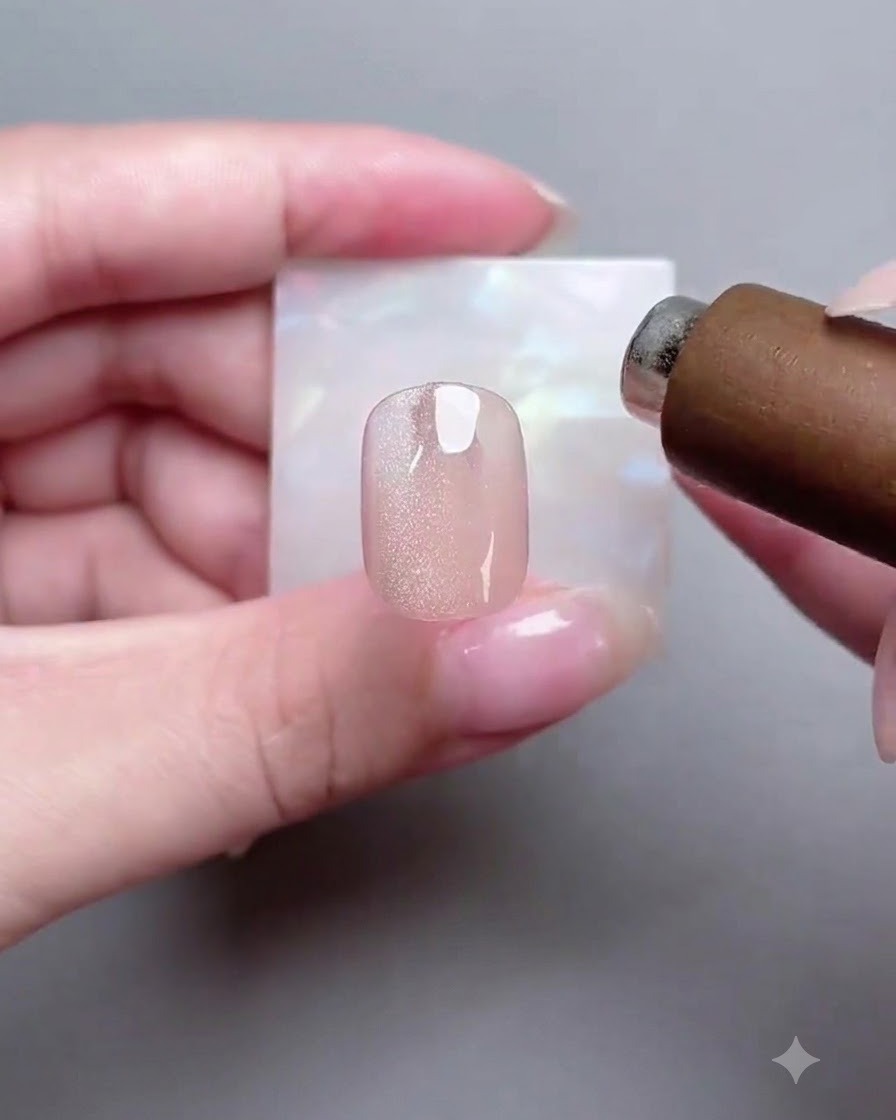 Ein zylindrisches Magnetwerkzeug wird nahe die Seite eines schimmernden Cat-Eye-Gel-Nagels gehalten, um die Reflexion zu formen.