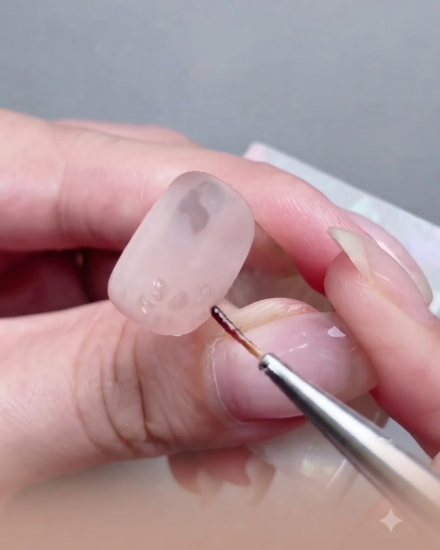 Ein feiner Pinsel fügt mehrere kleine, modellierte 3D-Gel-Blütenblattpunkte über dem Nagel hinzu.
