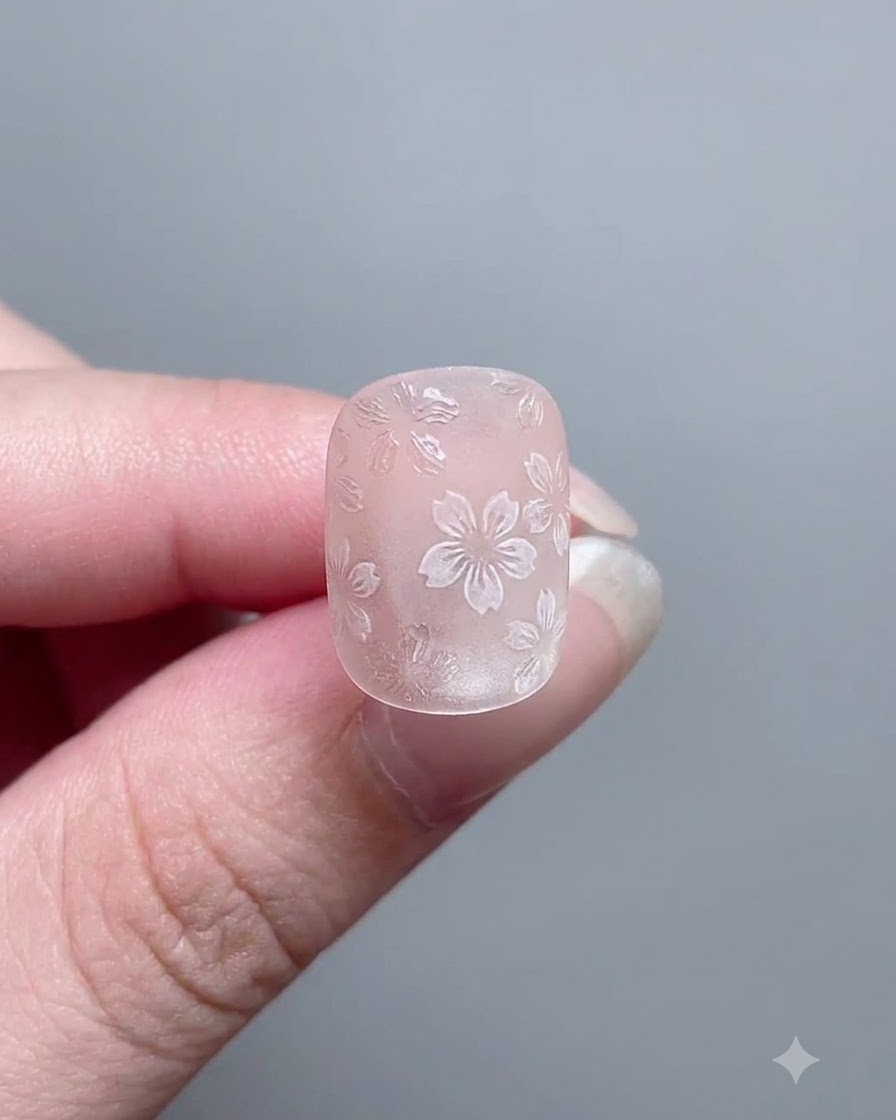Nahaufnahme einer Nageldesignerin, die mit einem feinen Pinsel kleine, erhabene Blumendetails auf eine matte Nageloberfläche malt.