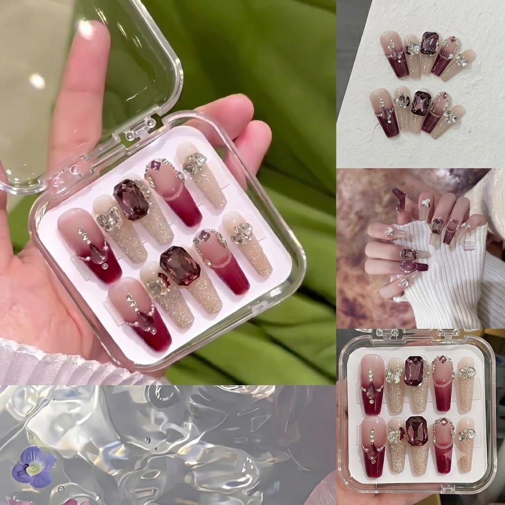 Seitenprofilwinkel der Press-on-Nagelset-Box, der den strukturellen Bogen und die Dicke der künstlichen Nägel demonstriert.