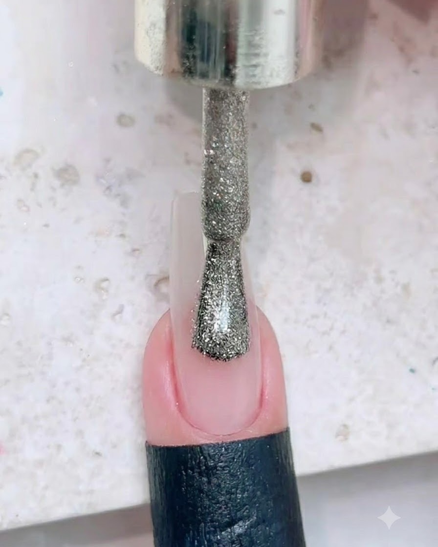 Ein Pinsel trägt feines silbernes Glitzergel auf die obere Hälfte einer transparenten Nagelverlängerung auf.