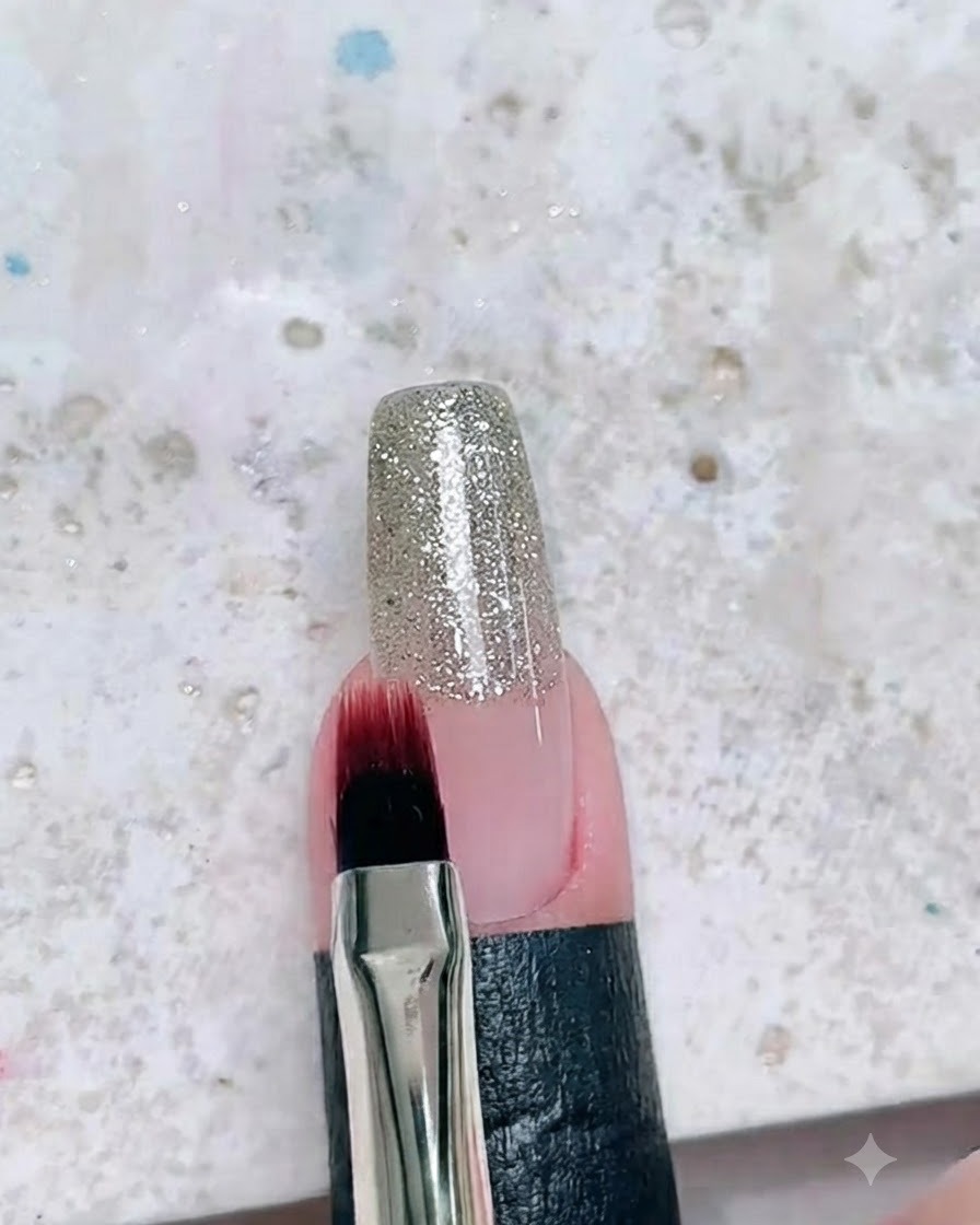 Ein kleiner quadratischer Pinsel verfeinert sanft die Kante des silbernen Glitzergels auf einem Fingernagel.