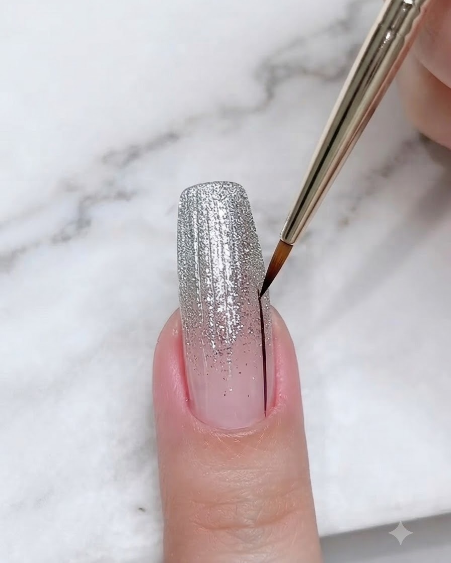 Nahaufnahme eines Pinsels, der eine dunkle Linie in silbernen Glitzer auf einem Nagel verblendet.