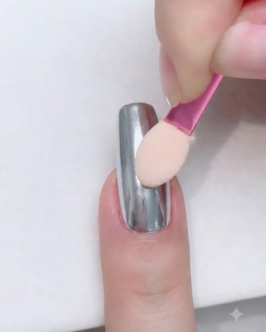 Nahaufnahme einer Hand, die ein kleines rosa Lidschatten-Schwammtool zum Reiben und Buffen der Oberfläche eines glänzenden silbernen Chromnagels verwendet.