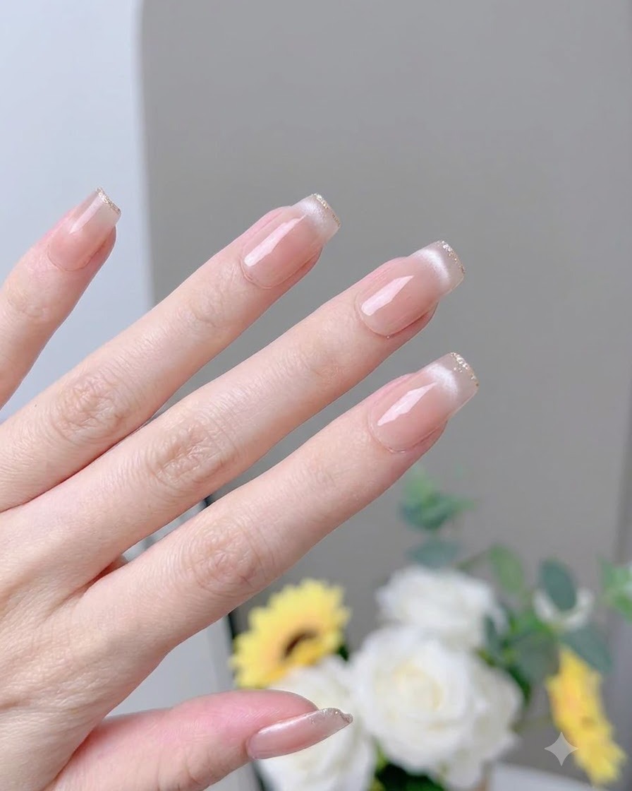 Ein Gelpinsel trägt eine Schicht klaren Base Coat auf den vorbereiteten Nagel auf.