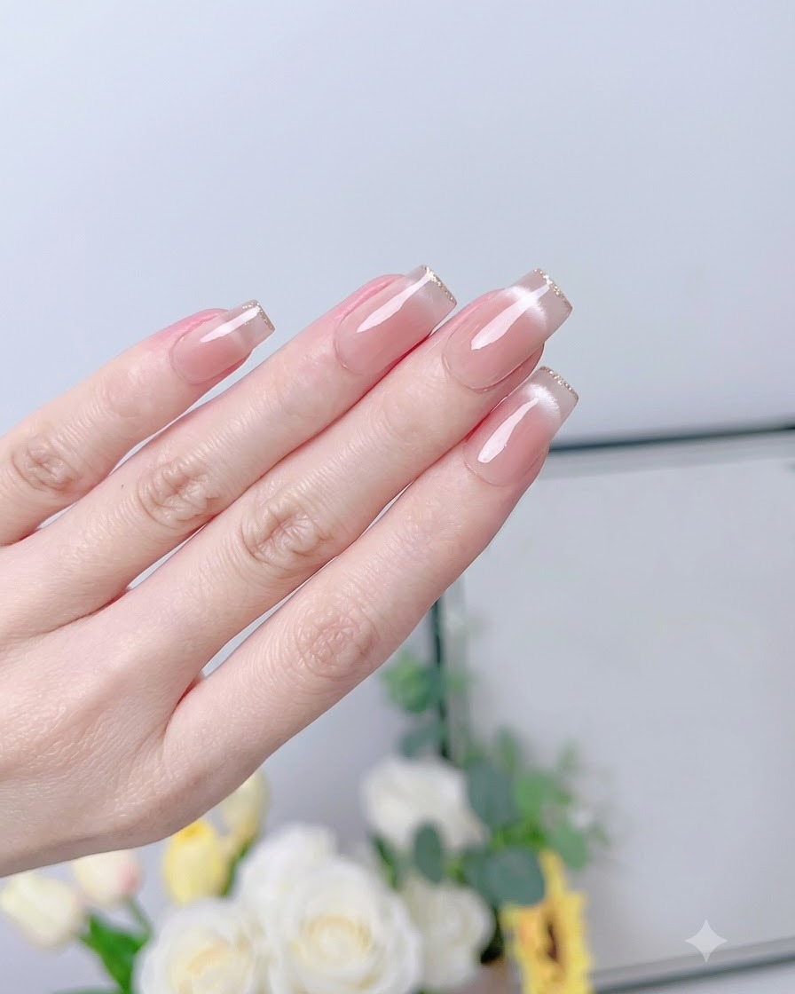 Ein Pinsel trägt eine leichte Schicht zartrosa Gel-Nagellack auf einen grundierten Nagel auf.