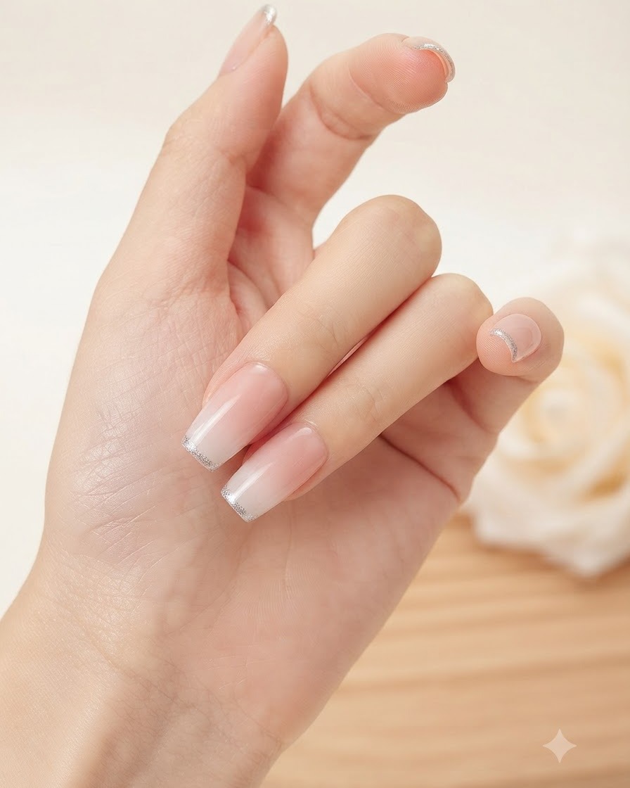 Eine Nageldesignerin trägt eine zweite Schicht zartrosa Gel-Nagellack auf einen Fingernagel auf.